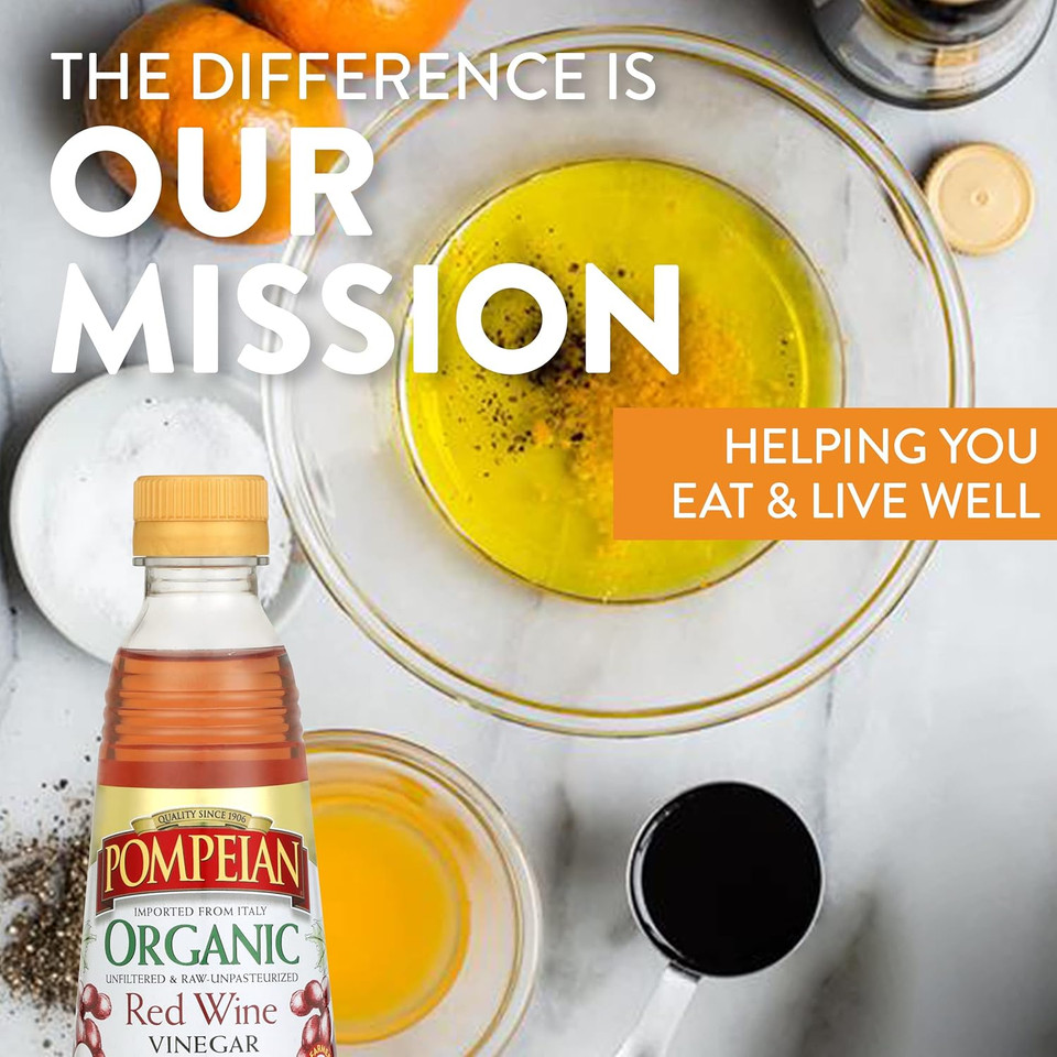 Pompeian Gourmet Organic Red Wine Vinegar, Unfiltered & Unpasteurized, Perfect For Marinades, Salad Dressings & Sauces, 16 Fl. Oz