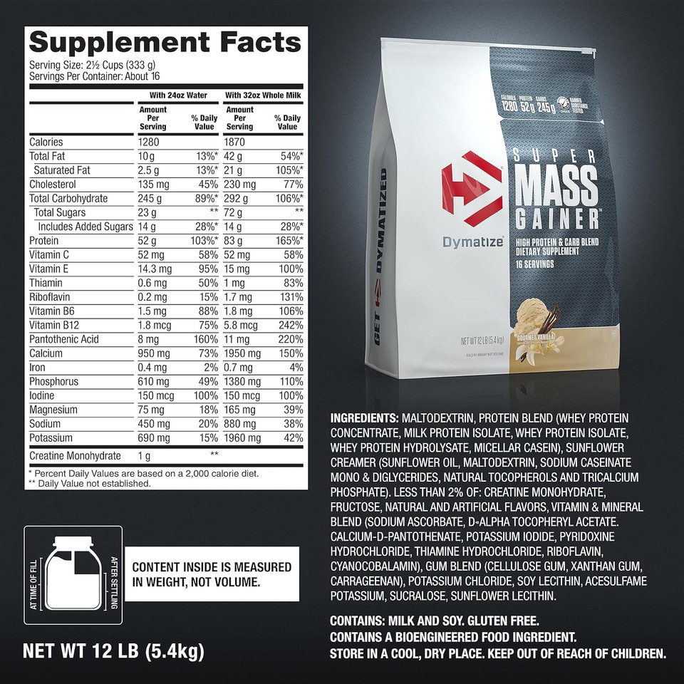 Dymatize Super Mass Gainer Protein Powder, 1280 Calories & 52G Protein, 10.7G Bcaas, Mixes Easily, Tastes Delicious, Gourmet Vanilla, 12 Lbs