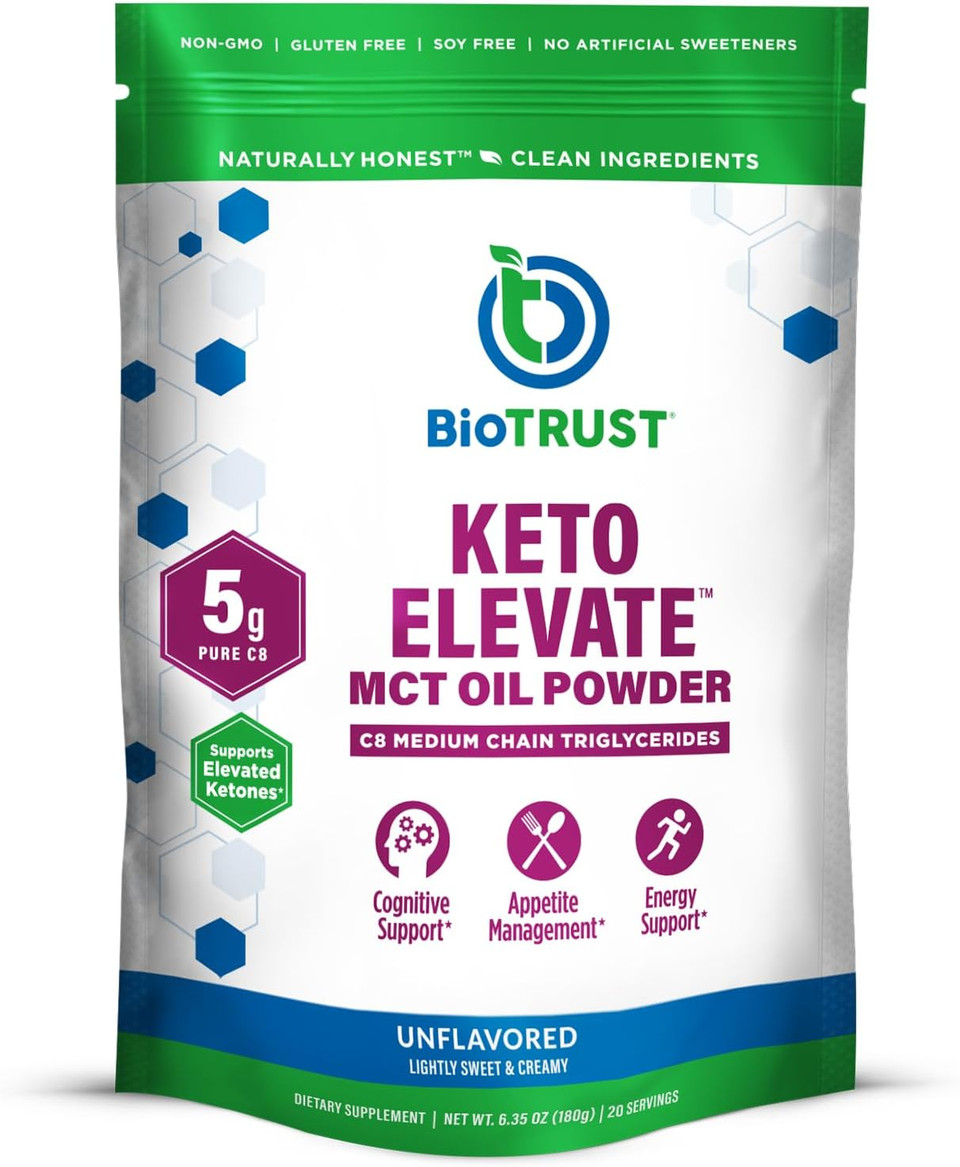 Biotrust Keto Elevate  Pure C8 Mct Oil Powder  Ketogenic Diet Supplement & Paleo Coffee Creamer For Clean Energy, Mental Focus, And Clarity  Non-Gmo 100% Caprylic Acid (Unflavored, 40 Servings)
