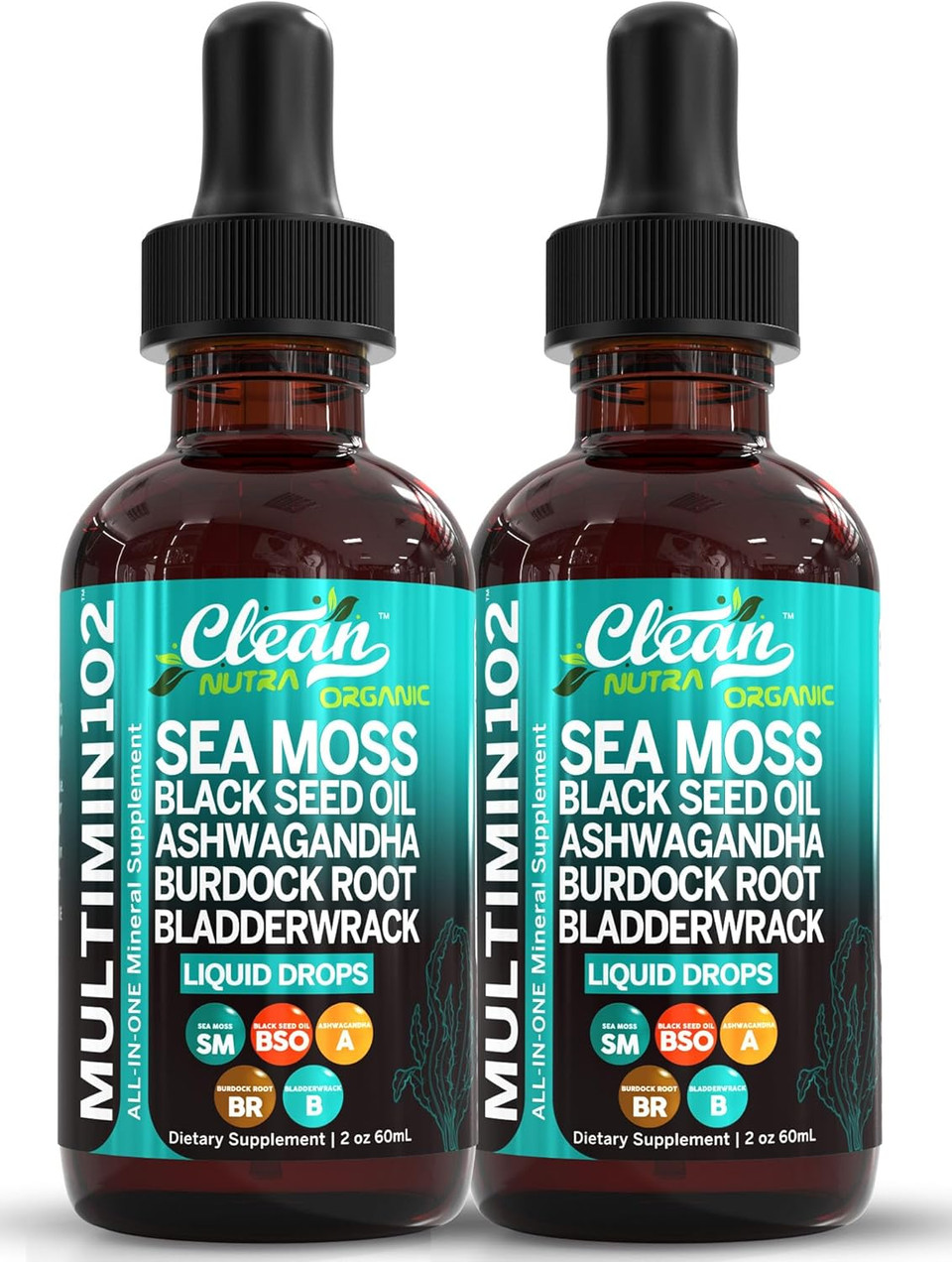Clean Nutraceuticals Sea Moss Liquid Drops Supplement With Black Seed Oil Ashwagandha Burdock Root & Bladderwrack - Multimineral Organic Non-Gmo Vegan For Gut Heath Skin Immune Support Hair (2)
