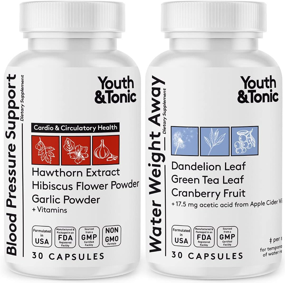 Youth & Tonic Daily Water Weight Away Pills And Blood Pressure Support Supplements/Natural Diuretics For Water Retention & Bp Capsules To Maintain A Good Circulatory Health / 60 Cps For Women & Men
