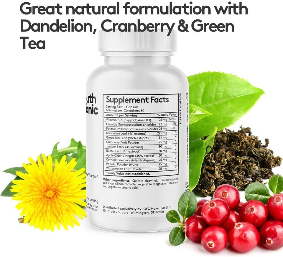 Youth & Tonic Daily Water Weight Away Pills And Blood Pressure Support Supplements/Natural Diuretics For Water Retention & Bp Capsules To Maintain A Good Circulatory Health / 60 Cps For Women & Men