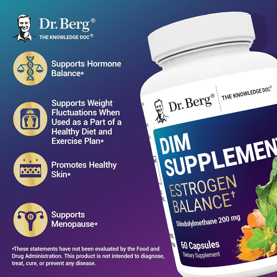 Dr. Berg Dim Supplement Estrogen Balance - Original Estrogen Supplement For Women With Diindolylmethane For Menstrual Symptoms & Menopause Relief & Black Pepper For Enhanced Absorption - 60 Capsules