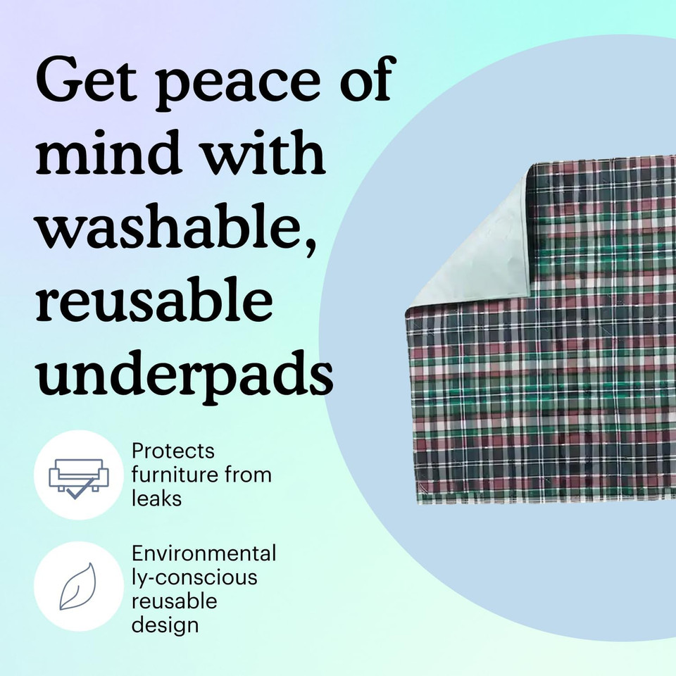 Because Washable & Reusable Underpads | Pack Of 4 | 34 X 36 | Heavy Absorbency Waterproof Bed Pads For Kids, Adults, Elderly, And Pets | Plaid