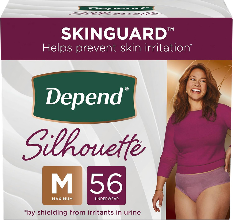 Depend Silhouette Adult Incontinence And Postpartum Underwear For Women, Medium, Maximum Absorbency, Berry, 56 Count (2 Packs Of 28), Packaging May Vary