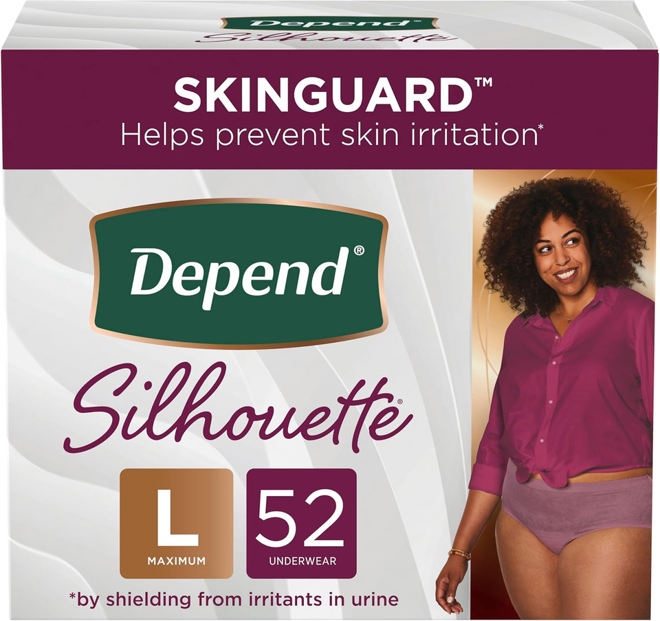 Depend Silhouette Adult Incontinence And Postpartum Underwear For Women, Large, Maximum Absorbency, Berry, 52 Count (2 Packs Of 26), Packaging May Vary