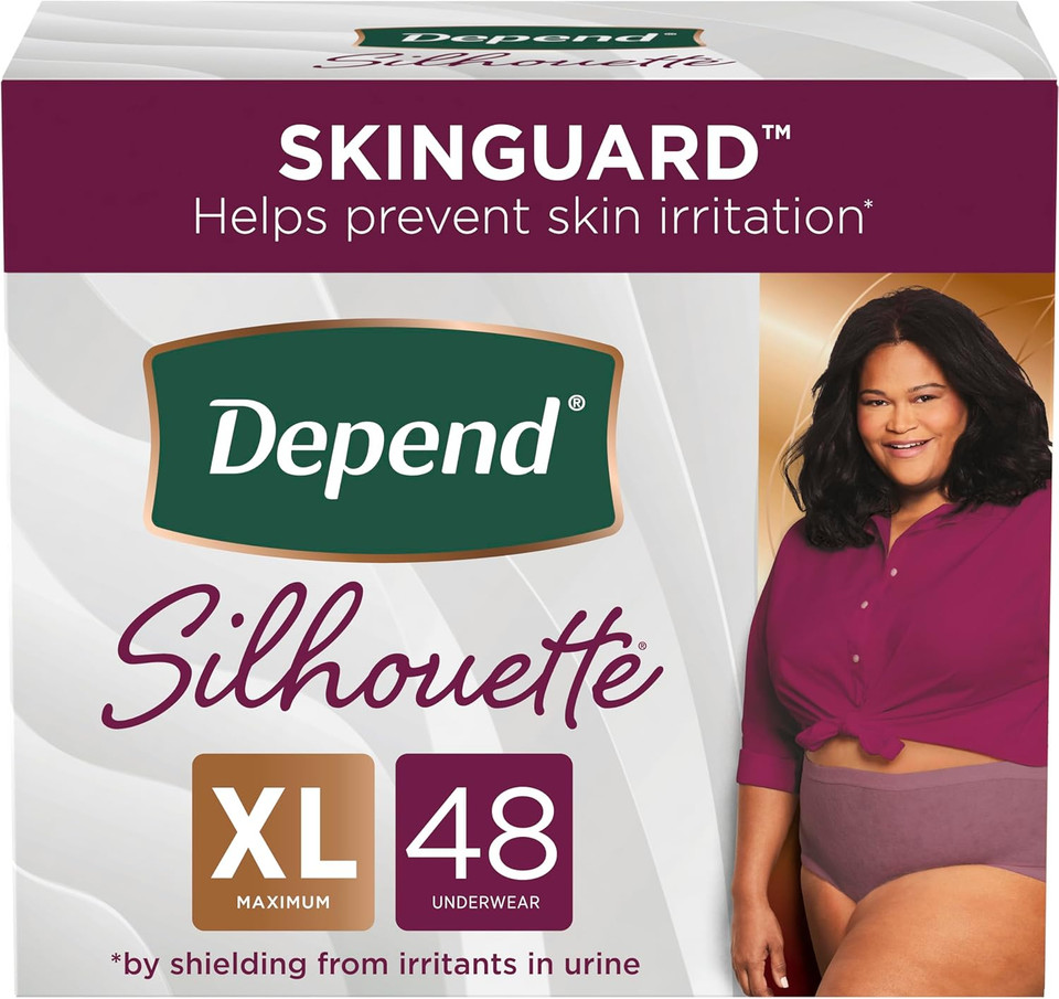 Depend Silhouette Adult Incontinence And Postpartum Underwear For Women, Extra-Large, Maximum Absorbency, Berry, 48 Count (2 Packs Of 24), Packaging May Vary