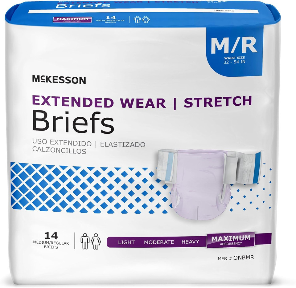 Mckesson Extended Wear Stretch Briefs, Incontinence, Maximum Absorbency, Medium, 14 Count, 4 Packs, 56 Total