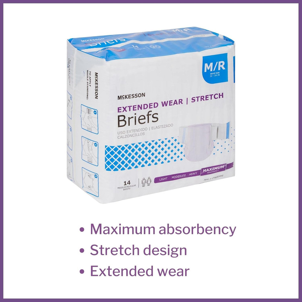 Mckesson Extended Wear Stretch Briefs, Incontinence, Maximum Absorbency, Medium, 14 Count, 4 Packs, 56 Total