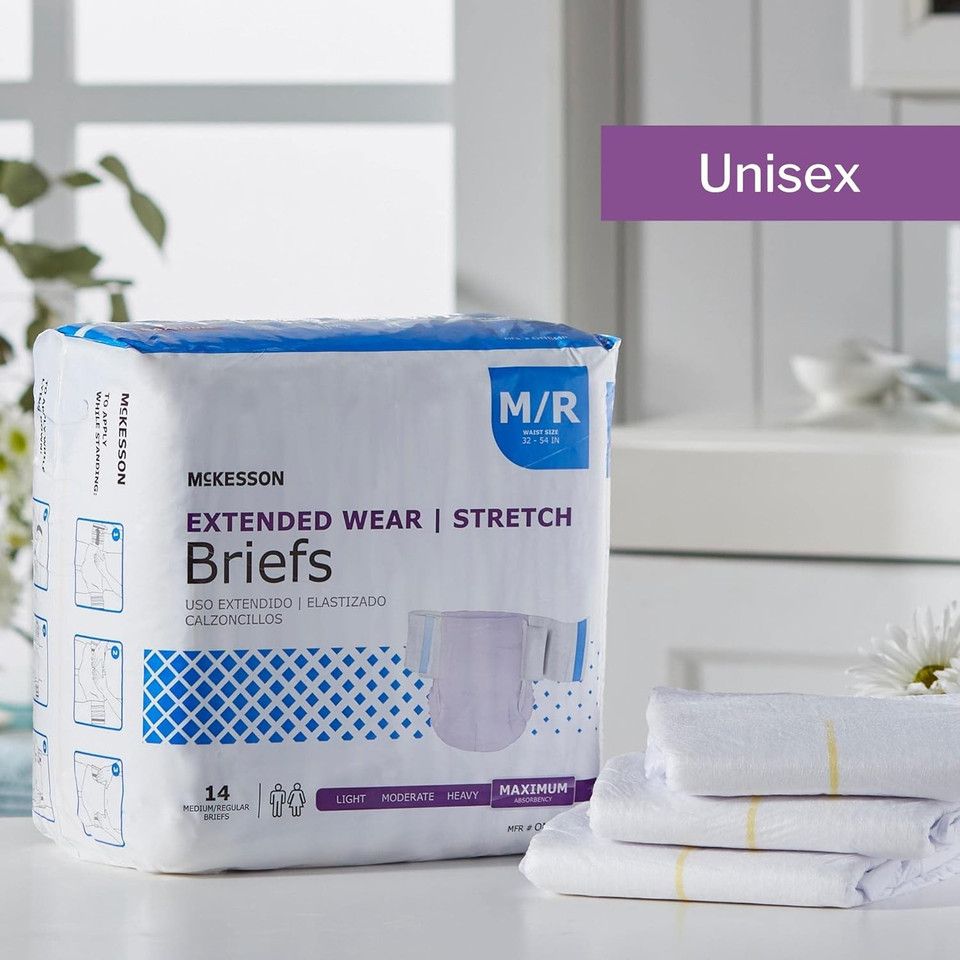 Mckesson Extended Wear Stretch Briefs, Incontinence, Maximum Absorbency, Medium, 14 Count, 4 Packs, 56 Total