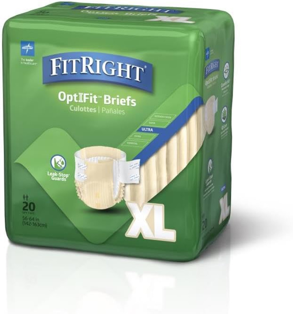 Medline Fitright Ultra Adult Diapers, Disposable Incontinence Briefs With Tabs, Heavy Absorbency, X-Large, 57''-66'', 4 Packs Of 20 (80 Total)