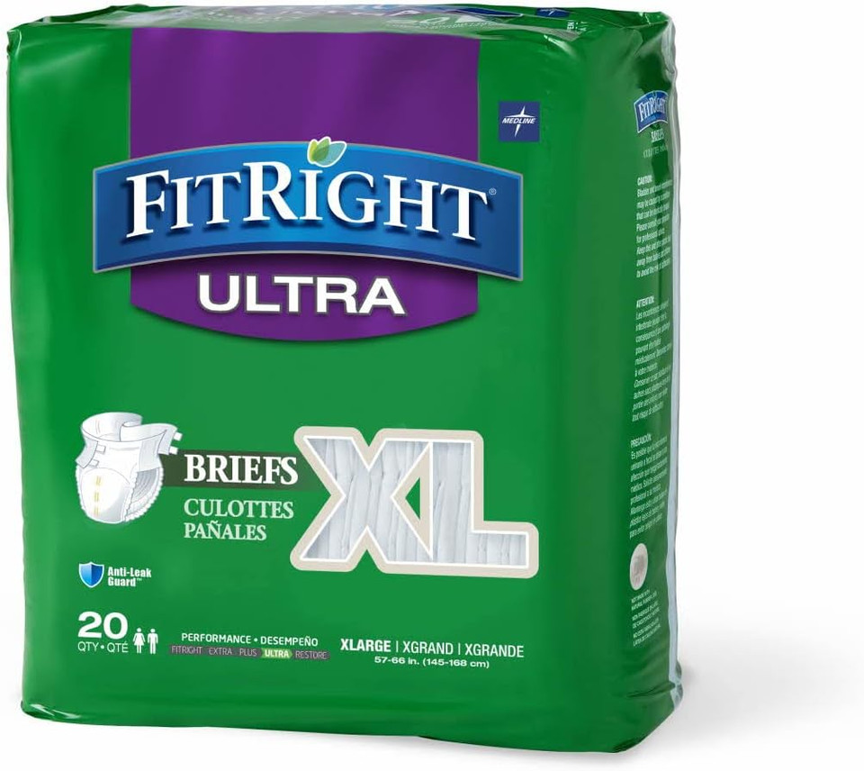 Medline Fitright Ultra Adult Diapers, Disposable Incontinence Briefs With Tabs, Heavy Absorbency, X-Large, 57''-66'', 4 Packs Of 20 (80 Total)