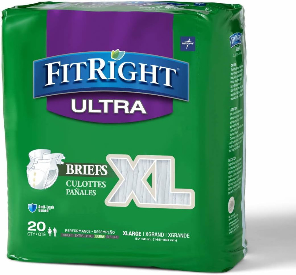 Medline Fitright Ultra Adult Diapers, Disposable Incontinence Briefs With Tabs, Heavy Absorbency, X-Large, 57''-66'', 4 Packs Of 20 (80 Total)