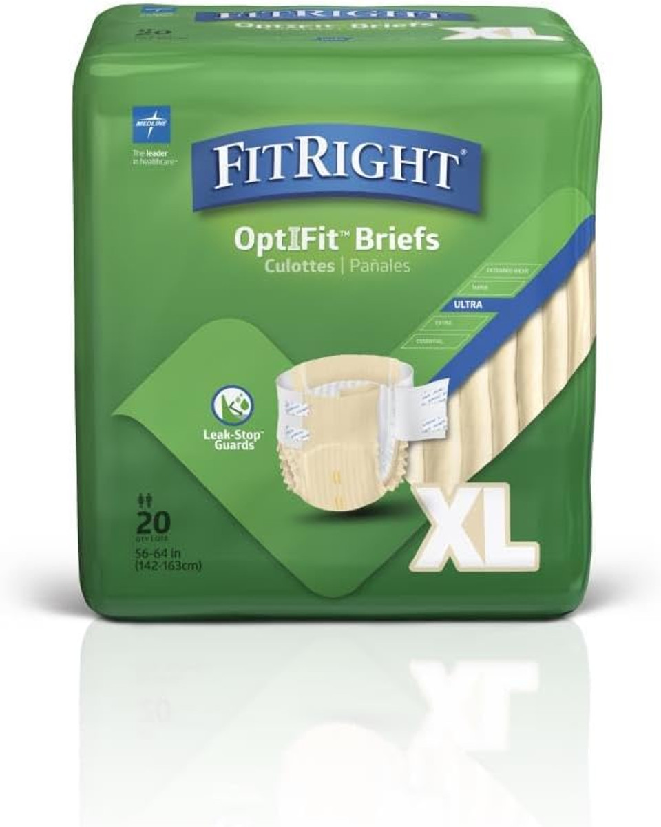 Medline Fitright Ultra Adult Diapers, Disposable Incontinence Briefs With Tabs, Heavy Absorbency, X-Large, 57''-66'', 4 Packs Of 20 (80 Total)