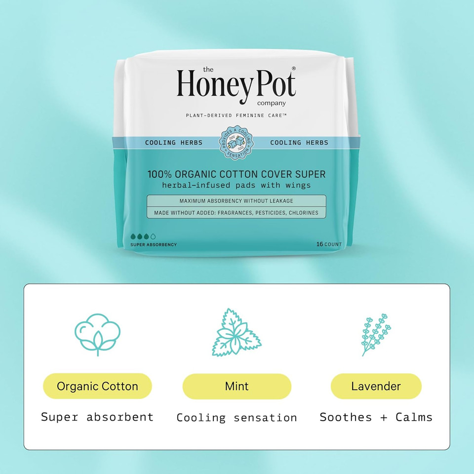 The Honey Pot Company - Herbal Pads For Women - Super Pads W/Wings - Infused W/Essential Oils For Cooling Effect, Organic Cotton Cover, & Ultra-Absorbent Pulp Core - Feminine Care - Fsa & Hsa - 16 Ct