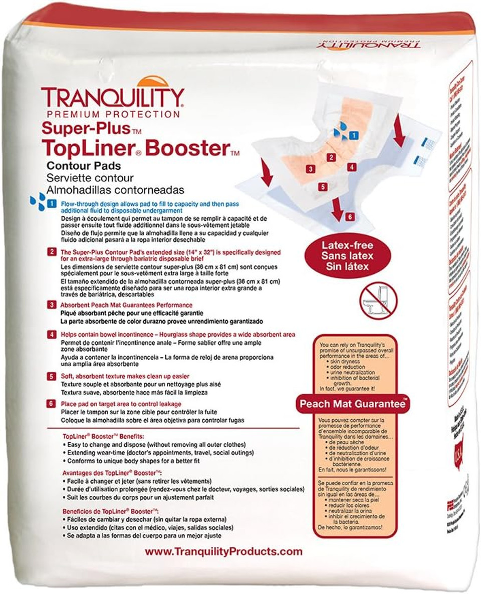 Tranquility Topliner Disposable Absorbent Booster Contour Pads For Bowel Incontinence - Super-Plus (32" X 14") - 192 Ct