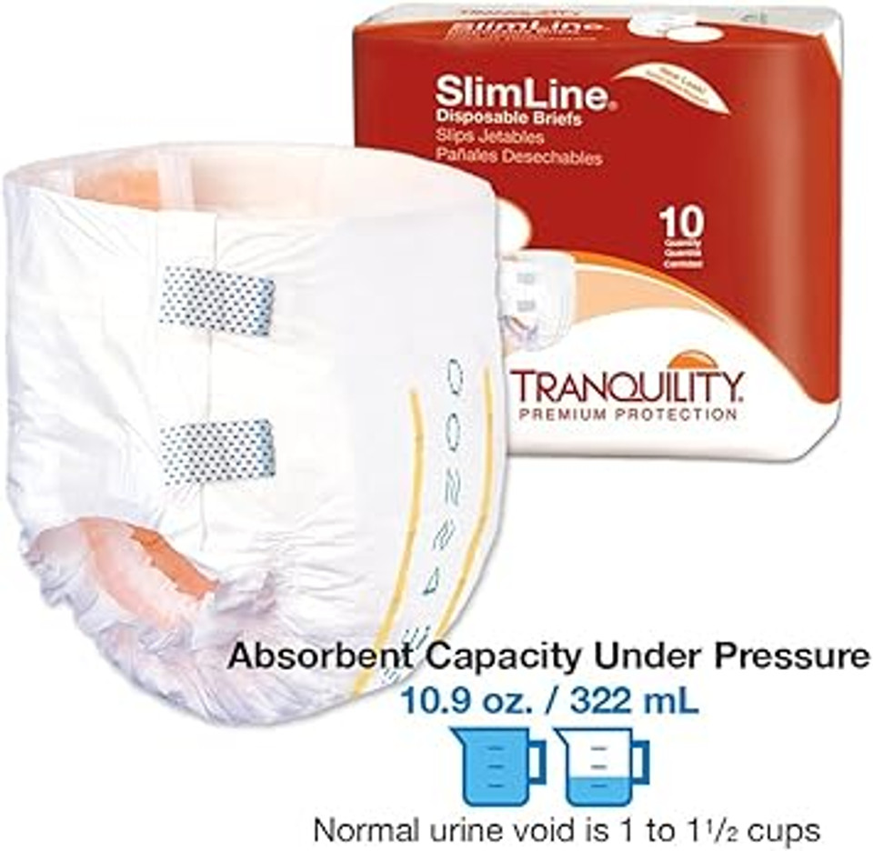 Tranquility Slimline Original Adult Disposable Brief, Adult X-Small, Incontinence Care With A Slimmer Fit, Peach Mat Core & Kufguard Technology For Max Comfort, Latex-Free, 10.9Oz Capacity, 100Ct Case