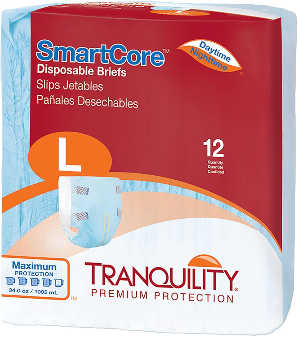 Tranquility Smartcore Adult Disposable Briefs, Incontinence Control With Breathable Kufguard Technology, Fastening Tabs& Wetness Indicator, Latex-Free, Adult Large, 34Oz Capacity, 96Ct Case