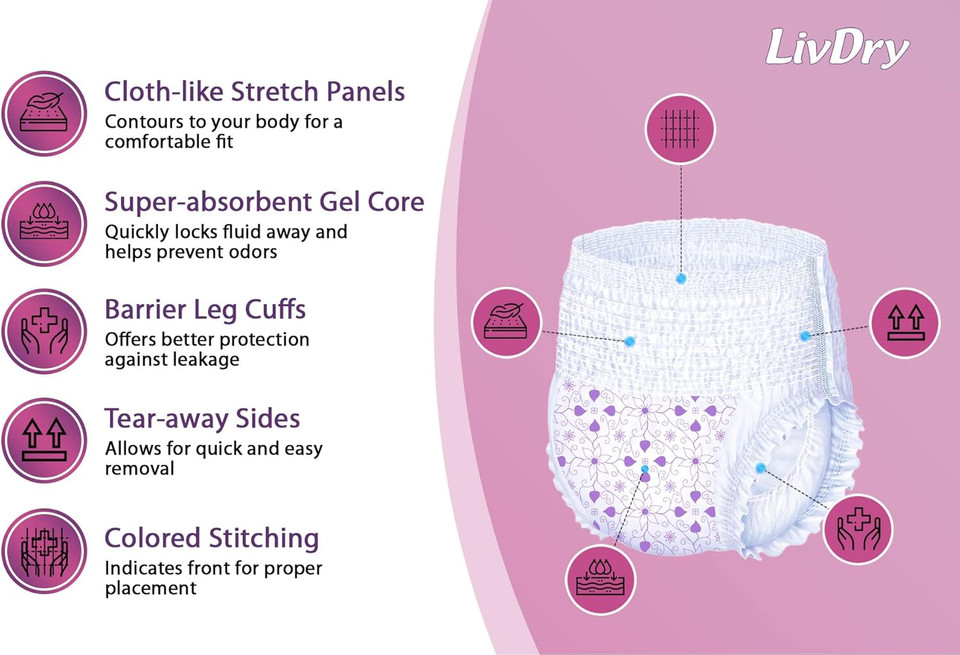 Livdry L Adult Diapers For Women, Ultimate Absorbency Incontinence Underwear, All Day Or Overnight Protection, Large (60 Count)