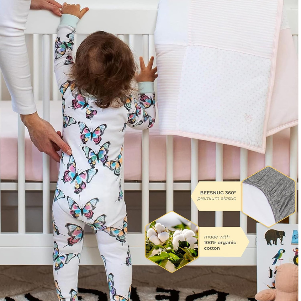 Burts Bees Baby Solid Fitted Crib Sheet Organic Cotton Beesnug - Blossom Pink, Fits Unisex Standard Bed And Toddler Mattress, Infant Essentials, 52 X 28 Inch 1-Pack