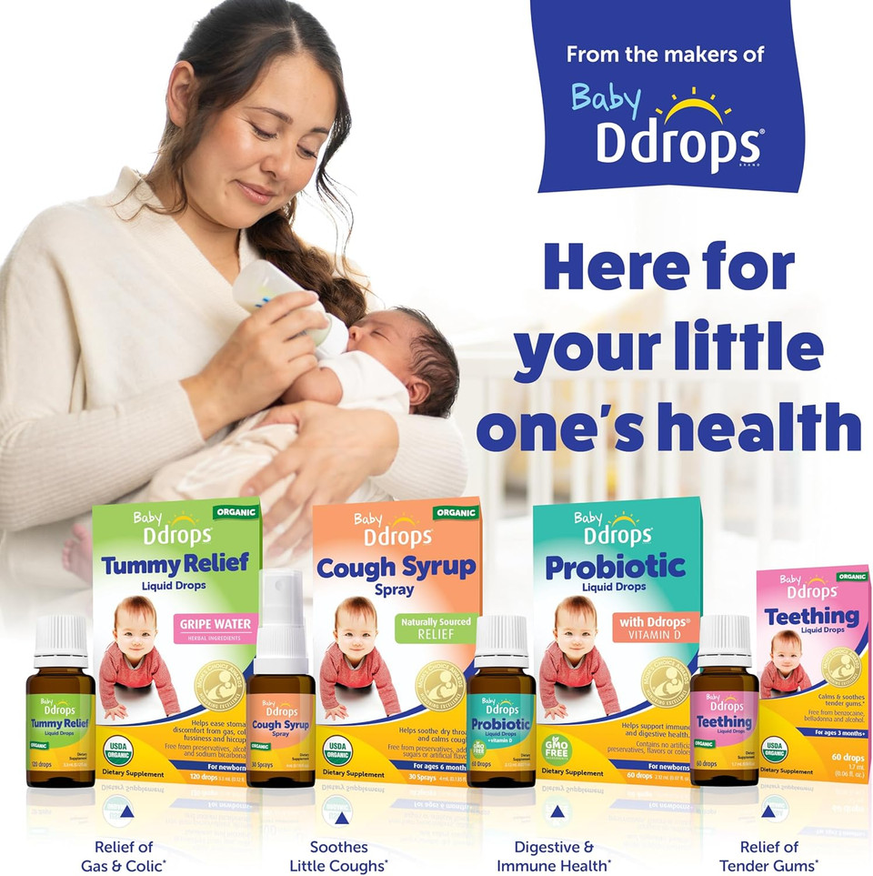 Ddrops Baby Organic Teething Relief Liquid, Calms And Soothes Baby'S Tender Gums Naturally, Easy-To-Use Drop Format, 3 Months +, 60 Drops