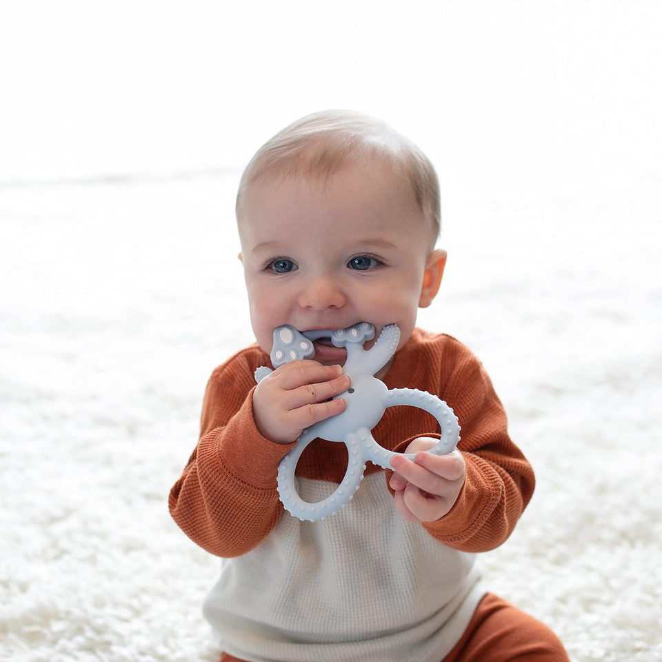Dr. Brown'S Flexees Blue Bunny, Soft 100% Silicone Baby Teether, Bpa Free, 3M+
