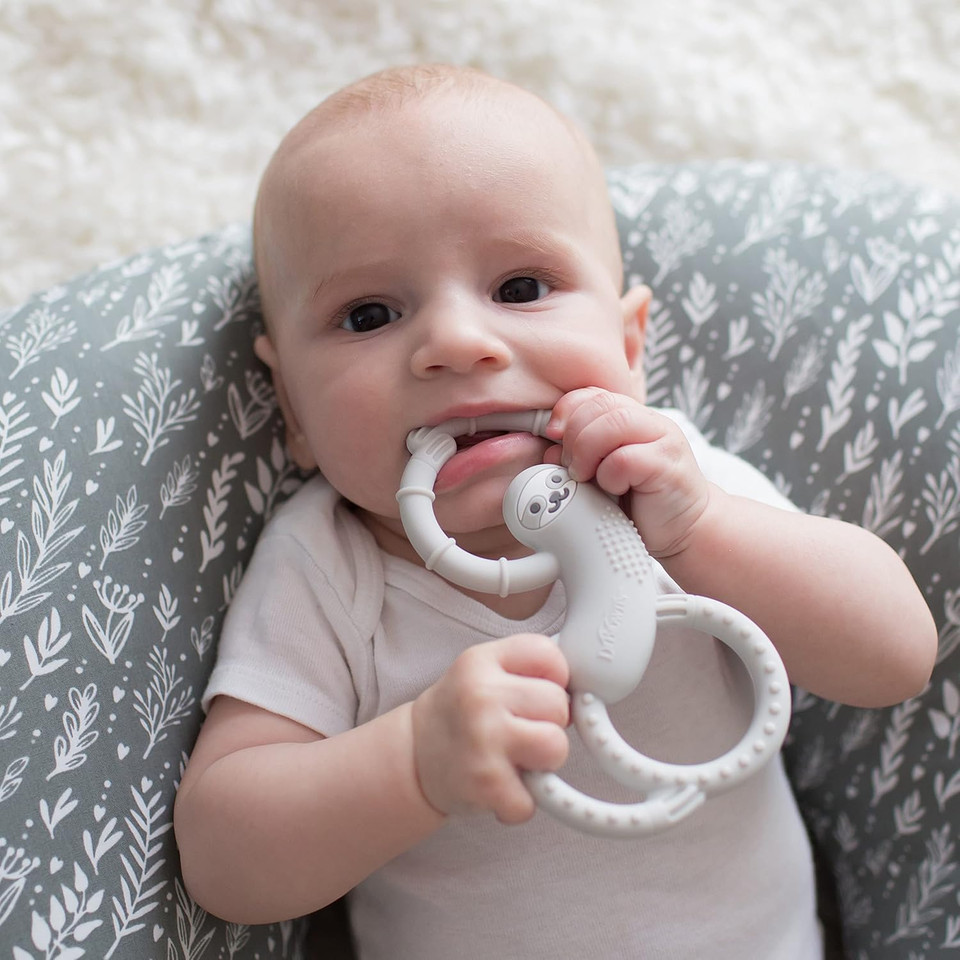 Dr. Brown'S Flexees Gray Sloth, Soft 100% Silicone Baby Teether, Bpa Free, 3M+