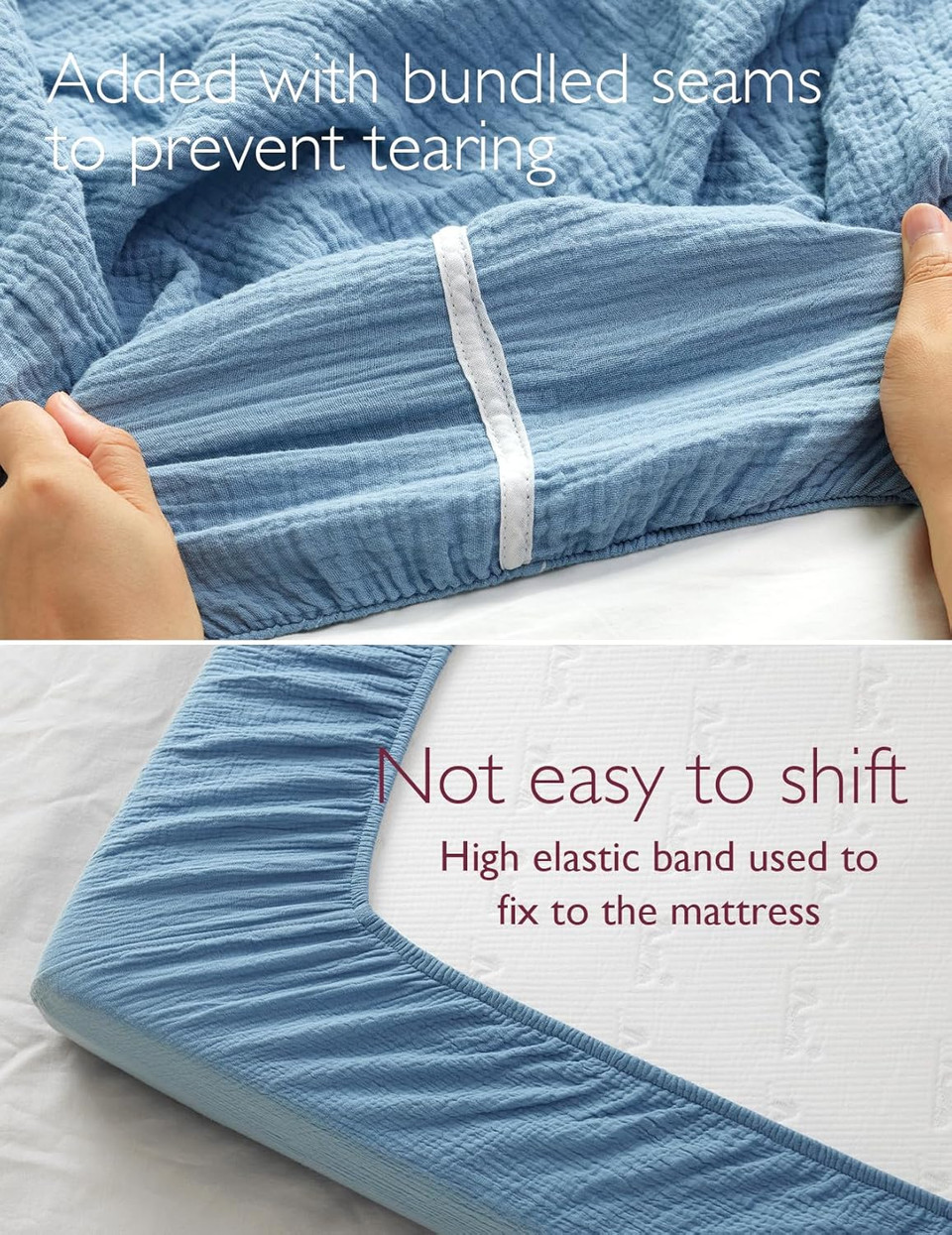 Momcozy Muslin Fitted Mini Crib Sheets, 38"X26", 2 Pack Soft Breathable Natural Cotton Baby Mattress Sheet, 360° Mattress Wrapping No Slip Boys Girls Neutral Toddler Bed Sheet, Grey Blue