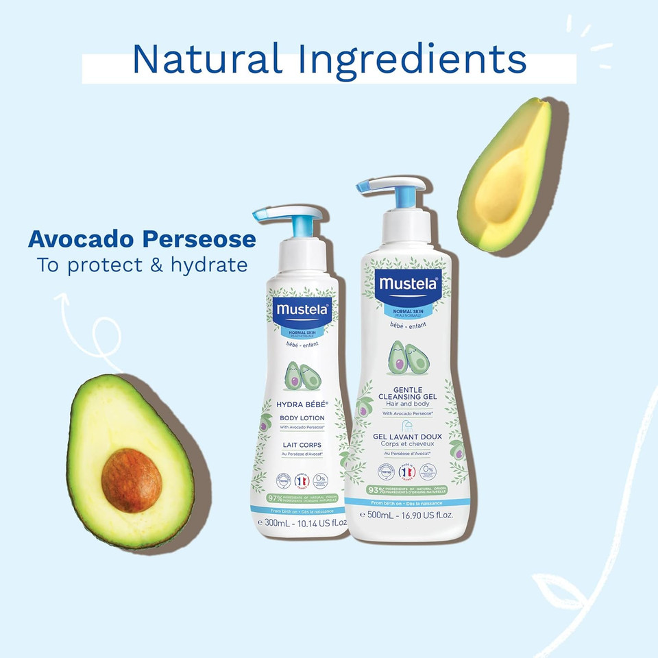 Mustela Baby Bath Time Gift Set - Baby Skin Care Essentials With Natural Avocado - Contains Hydra Bebe Body Lotion 10.14 Fl. Oz. & Gentle Cleansing Gel 16.9 Fl. Oz. - 2 Items Set