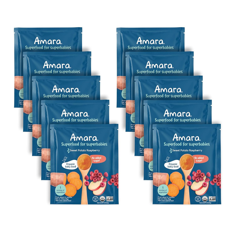 Amara Organic Baby Food - Stage 2 - Sweet Potato Raspberry - Baby Cereal To Mix With Breastmilk, Water - Baby Food Pouches Made From Organic Fruit And Veggies - 10 Pouches, 3.5Oz Per Serving Amara Organic Baby Food - Stage 2 - Sweet Potato Raspberry - Baby Cereal To Mix With Breastmilk, Water - Baby Food Pouches Made From Organic Fruit And Veggies - 10 Pouches, 3.5Oz Per Serving
