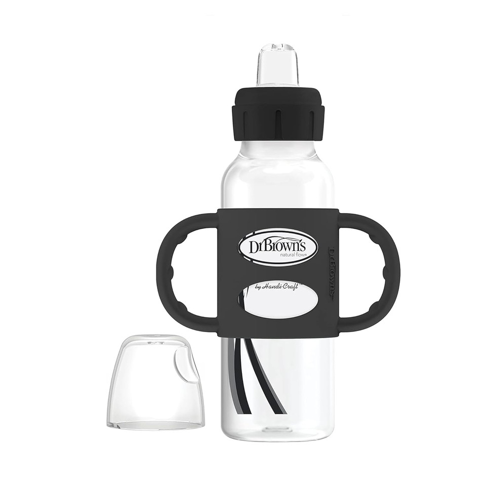 Dr. Brown'S Milestones Narrow Sippy Spout Bottle With 100% Silicone Handles, Easy-Grip Handles With Soft Sippy Spout, 8Oz/250Ml, Black, 1-Pack, 6M+
