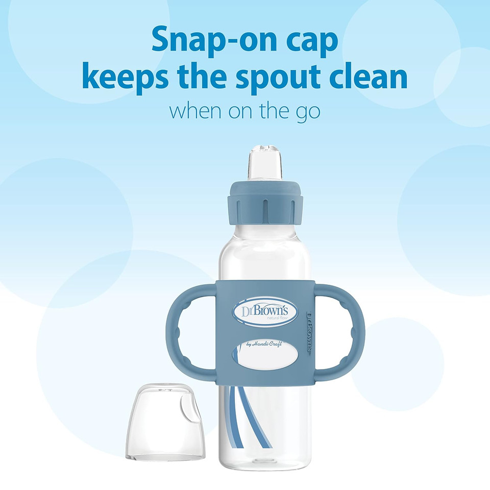Dr. Brown'S Milestones Narrow Sippy Bottle With 100% Silicone Handles,Easy-Grip Bottle With Soft Sippy Spout,8Oz/250Ml,Bpa Free,Light-Blue,6M+