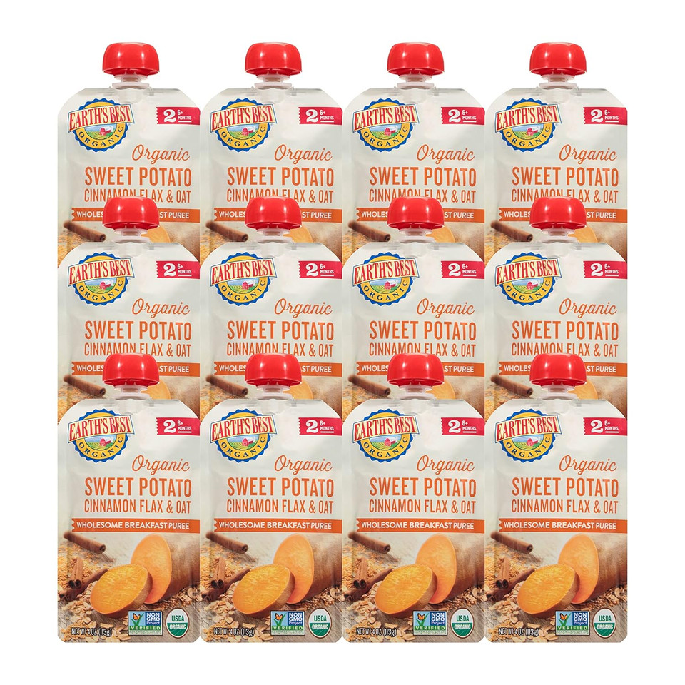 Earth'S Best Organic Baby Food Pouches, Stage 2 Wholesome Breakfast Puree For Babies 6 Months And Older, Organic Sweet Potato Cinnamon Flax And Oat Puree, 4 Oz Resealable Pouch (Pack Of 12)