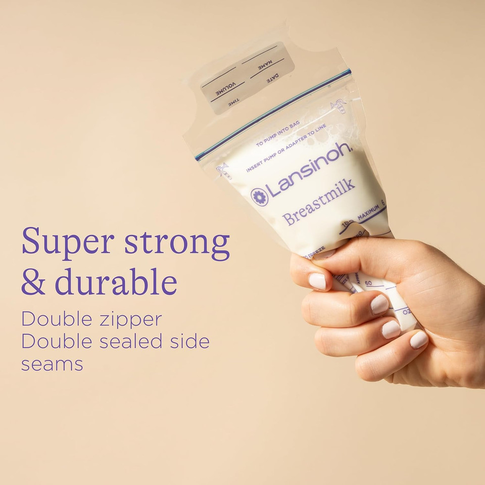 Lansinoh Breastmilk Storage Bags, 50 Count With 2 Pump Adapters, Easy To Use Breast Milk Storage Bags For Feeding, Presterilized, Hygienically Doubled-Sealed For Freezing & Refrigeration, 6 Ounce
