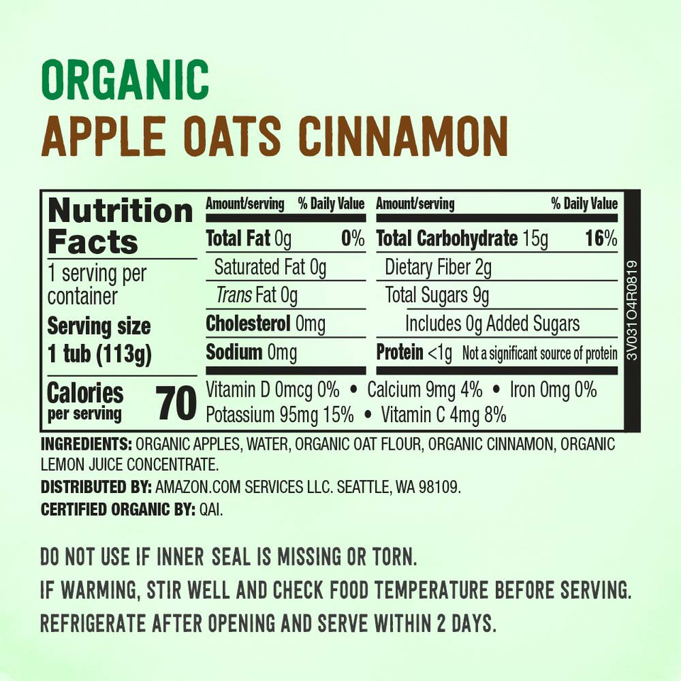 Amazon Brand - Mama Bear Organic Baby Food, Apple Oats Cinnamon, Vegetarian, 4 Ounce (Pack Of 12)