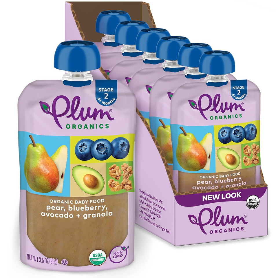 Plum Organics Stage 2 Organic Baby Food - Pear, Blueberry, Avocado, And Granola - 3.5 Oz Pouch (Pack Of 6) - Organic Fruit And Vegetable Baby Food Pouch