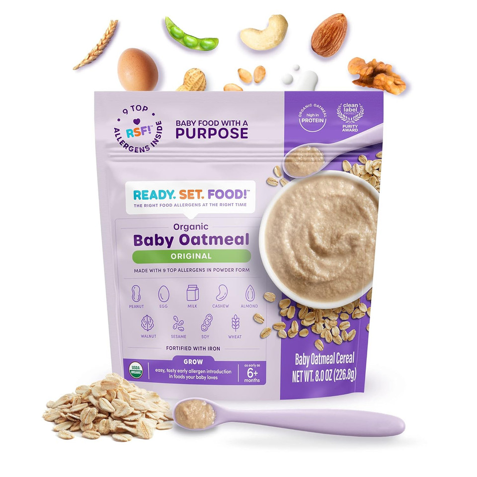 Ready Set Food Organic Baby Oatmeal Cereal  Safe & Easy Early Allergen Exposure For Babies 6+ Months, Organic Baby Food With 9 Top Allergens: Organic Peanuts, Milk, Eggs, Cashews & More (15 Servings) (Original)