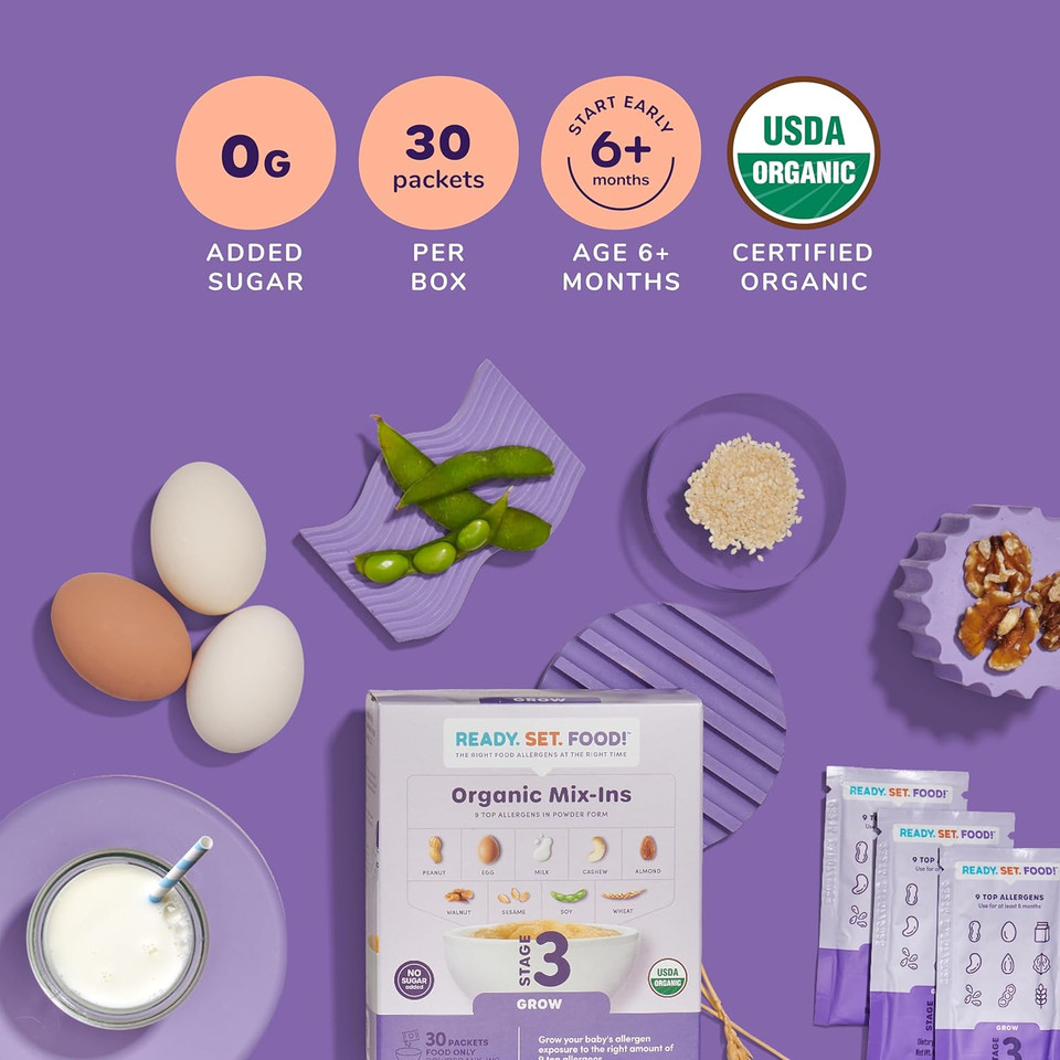 Stage 3 Mix-Ins (30 Days)  Safe & Easy Early Allergen Introduction For Babies 6+ Months, Mix With Baby Food, With 9 Top Allergens: Organic Peanuts, Egg, Milk, Walnut, Cashew & More By Ready Set Food