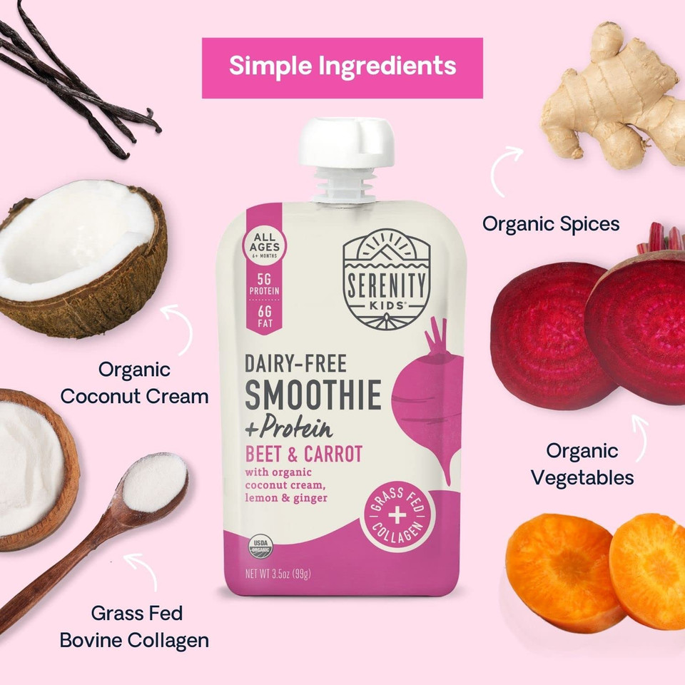 Serenity Kids 6+ Months Dairy-Free Smoothie Baby Food | Usda Organic | Grass Fed Collagen Protein | 3.5 Ounce Bpa-Free Pouch | Beet & Carrot | 6 Count