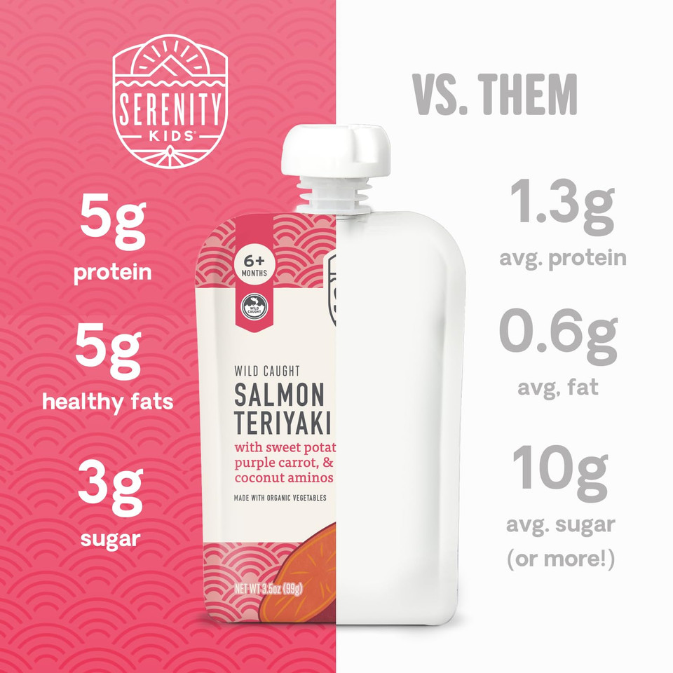 Serenity Kids 6+ Months World Explorers Baby Food Pouches Puree Made With Ethically Sourced Meats & Organic Veggies | 3.5 Ounce Bpa-Free Pouch | Salmon Teriyaki | 12 Count