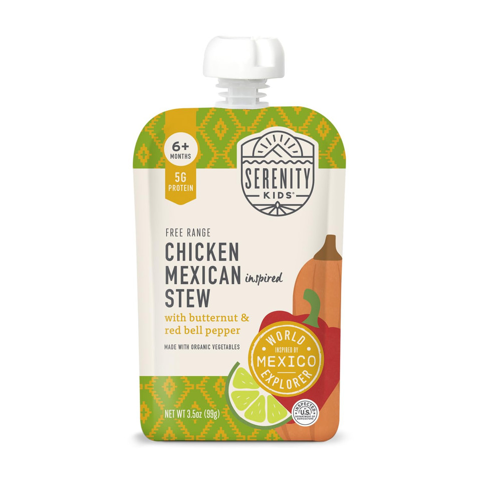 Serenity Kids 6+ Months World Explorers Baby Food Pouches Puree Made With Ethically Sourced Meats & Organic Veggies | 3.5 Ounce Bpa-Free Pouch | Chicken Mexican Stew | 12 Count