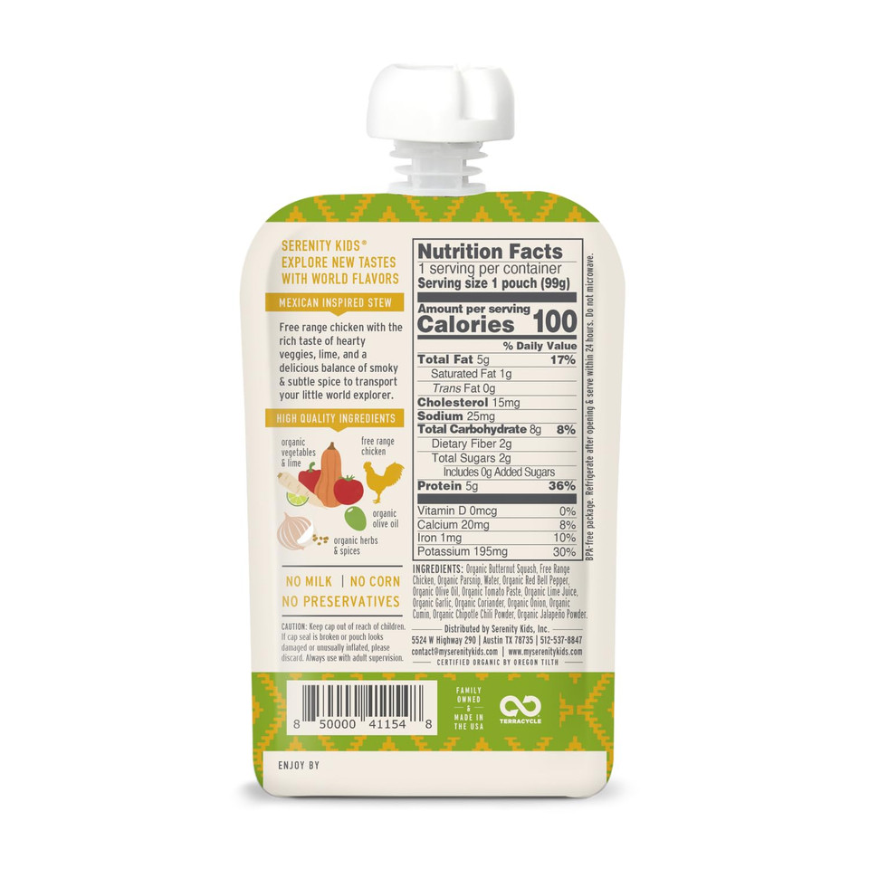 Serenity Kids 6+ Months World Explorers Baby Food Pouches Puree Made With Ethically Sourced Meats & Organic Veggies | 3.5 Ounce Bpa-Free Pouch | Chicken Mexican Stew | 12 Count