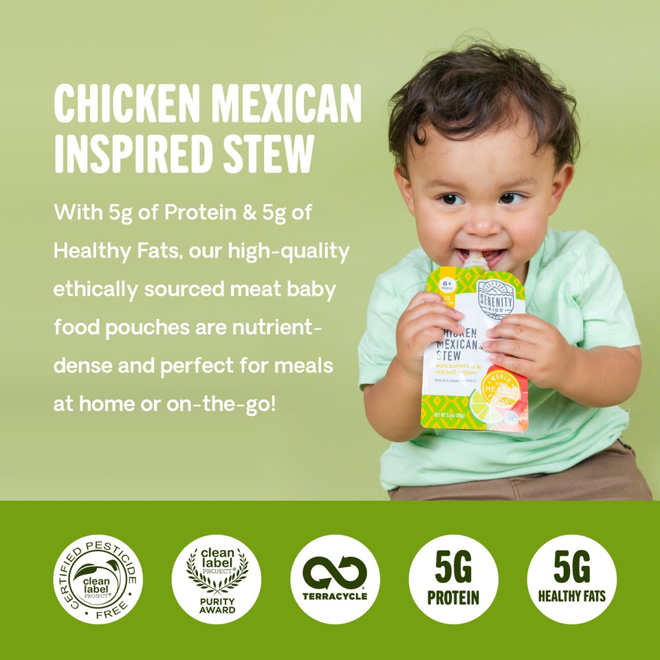 Serenity Kids 6+ Months World Explorers Baby Food Pouches Puree Made With Ethically Sourced Meats & Organic Veggies | 3.5 Ounce Bpa-Free Pouch | Chicken Mexican Stew | 12 Count