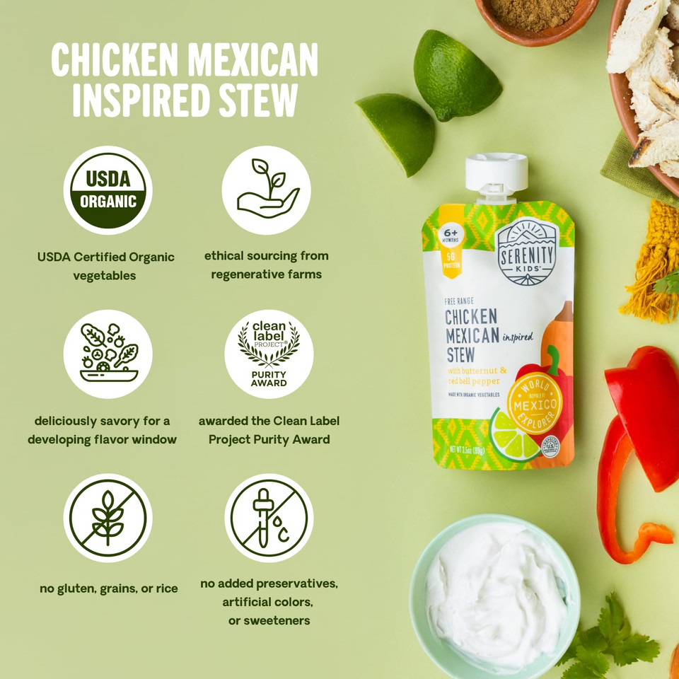Serenity Kids 6+ Months World Explorers Baby Food Pouches Puree Made With Ethically Sourced Meats & Organic Veggies | 3.5 Ounce Bpa-Free Pouch | Chicken Mexican Stew | 12 Count