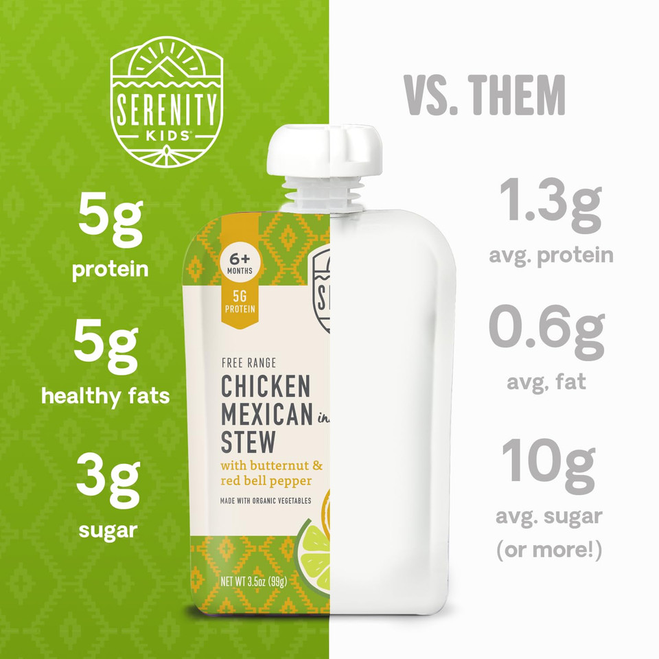 Serenity Kids 6+ Months World Explorers Baby Food Pouches Puree Made With Ethically Sourced Meats & Organic Veggies | 3.5 Ounce Bpa-Free Pouch | Chicken Mexican Stew | 12 Count