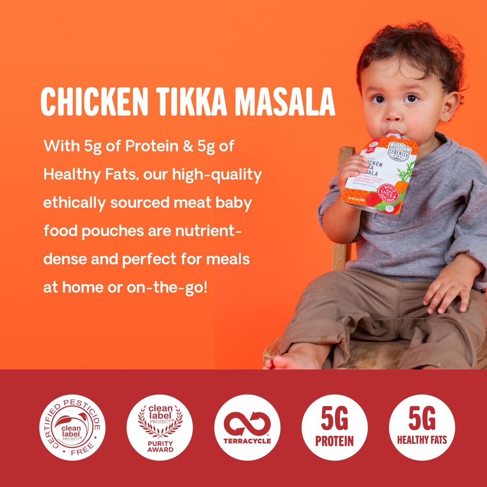 Serenity Kids 6+ Months World Explorers Baby Food Pouches Puree Made With Ethically Sourced Meats & Organic Veggies | 3.5 Ounce Bpa-Free Pouch | Chicken Tikka Masala | 12 Count
