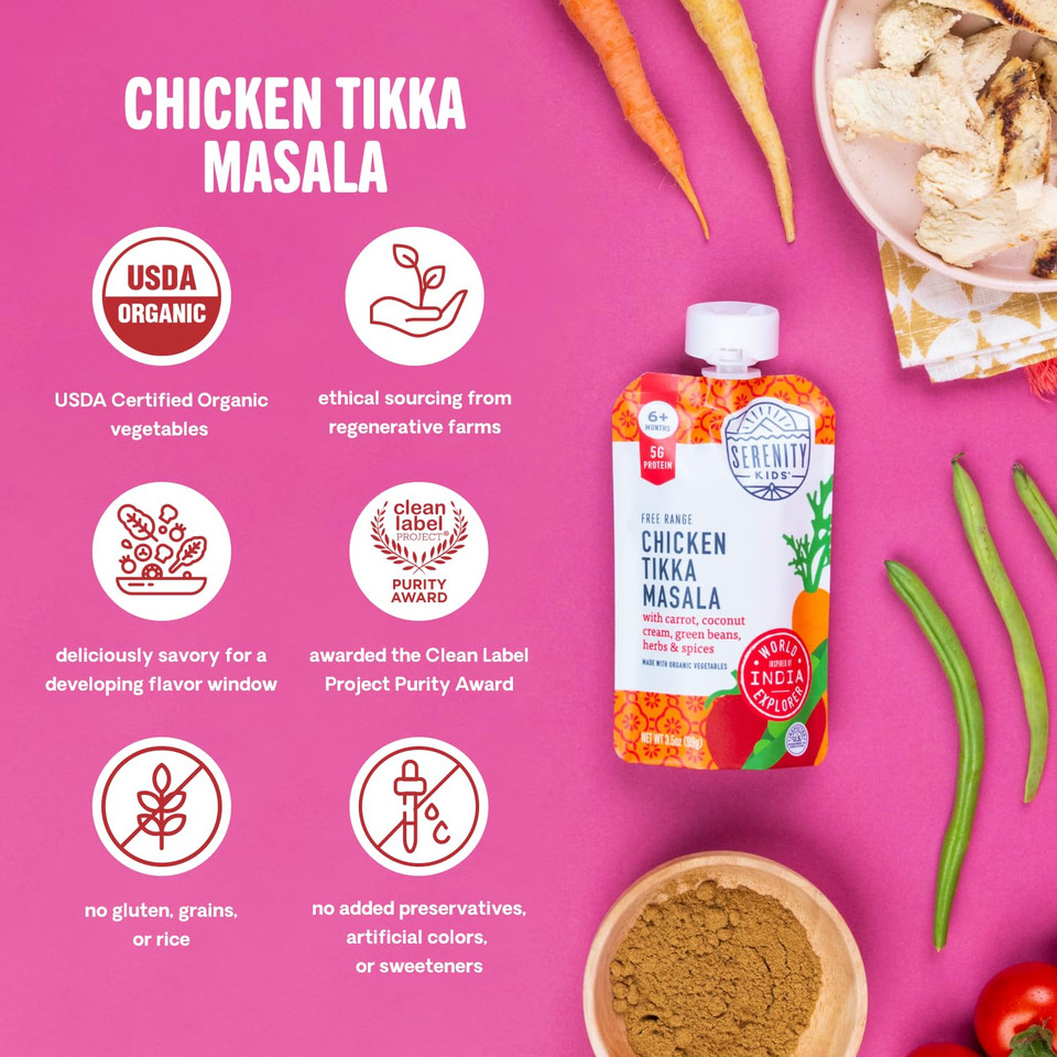 Serenity Kids 6+ Months World Explorers Baby Food Pouches Puree Made With Ethically Sourced Meats & Organic Veggies | 3.5 Ounce Bpa-Free Pouch | Chicken Tikka Masala | 12 Count