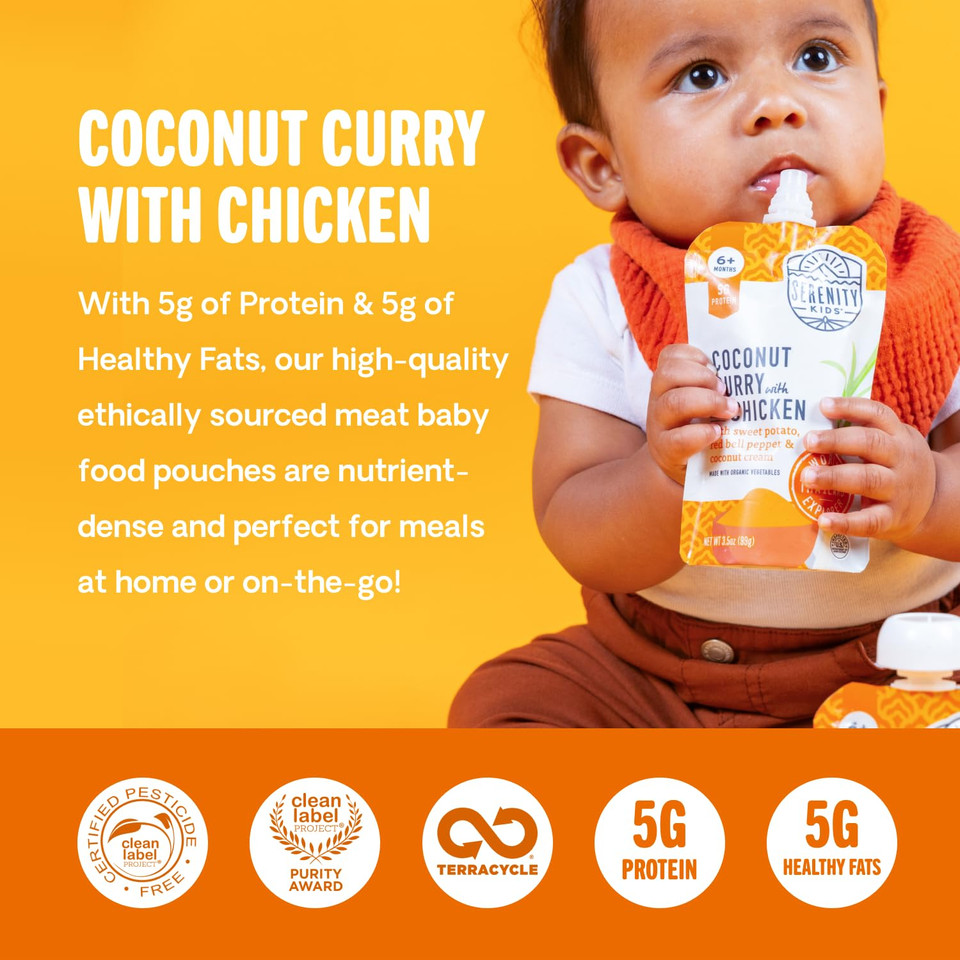 Serenity Kids 6+ Months World Explorers Baby Food Pouches Puree Made With Ethically Sourced Meats & Organic Veggies | 3.5 Ounce Bpa-Free Pouch | Chicken Coconut Curry | 12 Count