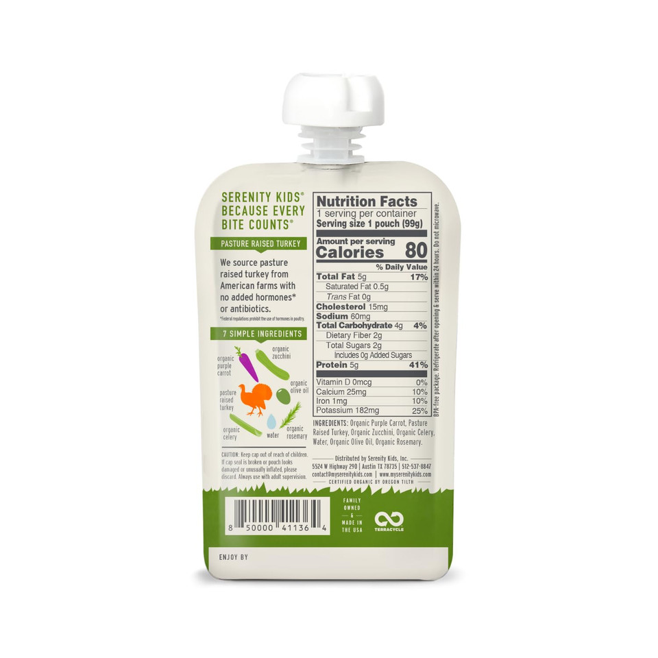 Serenity Kids 6+ Months Baby Food Pouches Puree Made With Ethically Sourced Meats & Organic Veggies | 3.5 Ounce Bpa-Free Pouch | Pasture Raised Turkey & Rosemary, Purple Carrot, Zucchini | 12 Count