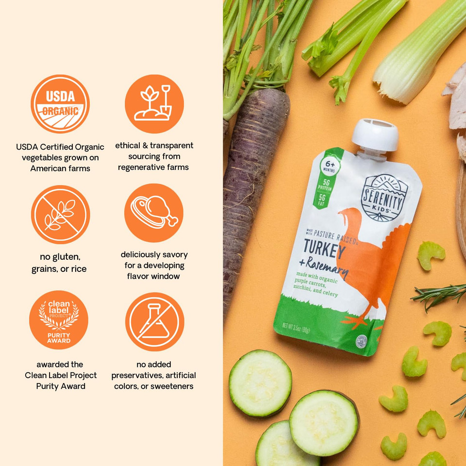 Serenity Kids 6+ Months Baby Food Pouches Puree Made With Ethically Sourced Meats & Organic Veggies | 3.5 Ounce Bpa-Free Pouch | Pasture Raised Turkey & Rosemary, Purple Carrot, Zucchini | 12 Count